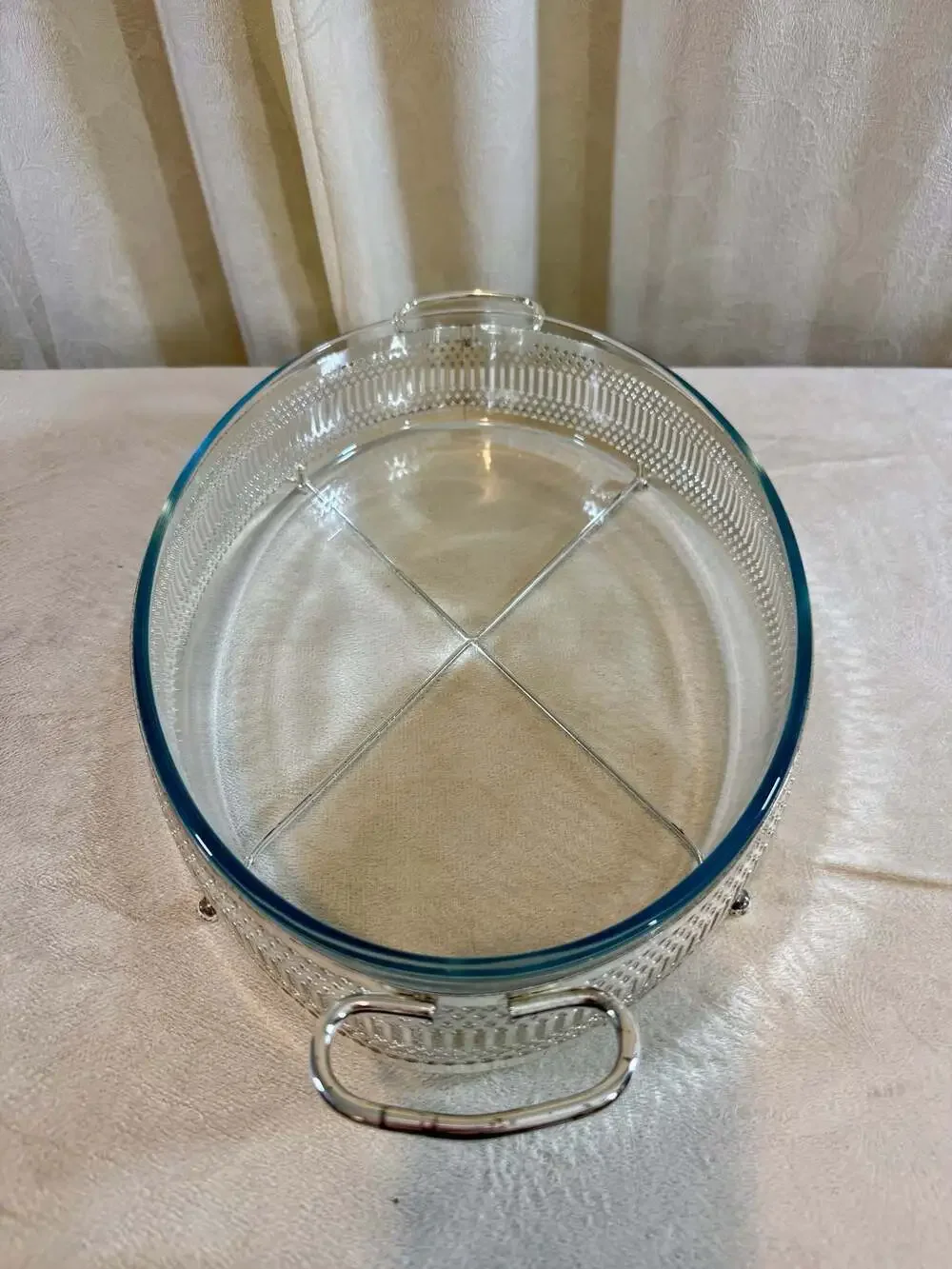 Vintage Pyrex Corning Oval Glass Casserole Baking Dish w/ Silver Plated Holder